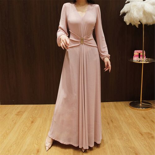 RL法式浪漫灯笼袖连衣裙收腰显瘦钻饰腰带大摆裙超印花长裙子大码