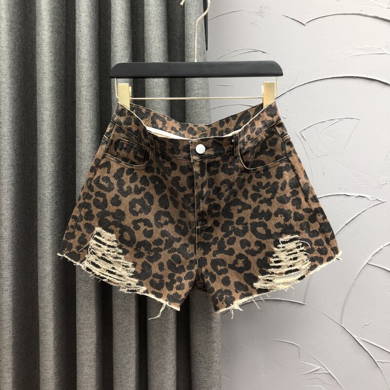 豹纹高腰破洞牛仔短裤女25夏季时尚宽松洋气百搭个性A字阔腿热裤