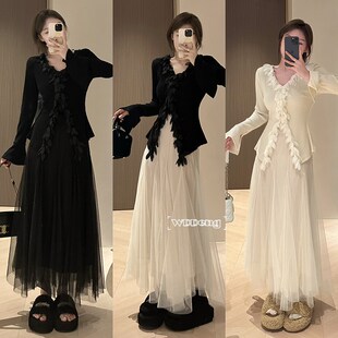 王等等微胖定制雅致2024春秋新款显瘦重工长袖针织上衣网纱半身裙