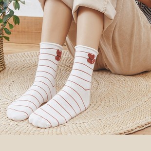 月子袜秋季 产妇松口袜女中筒纯棉11条纹简约 10月份产后孕妇袜大码