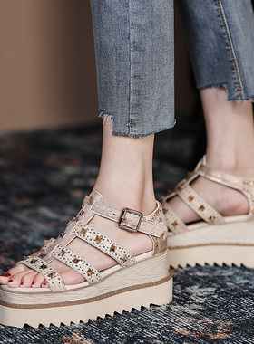 高跟时尚松糕凉鞋女2o022女夏新款百搭一字扣带坡跟防水台厚底拖