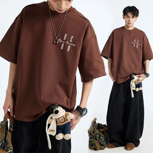 美拉德重磅刺绣短袖T恤男高级感索罗那圆领半袖宽松潮流夏季上衣