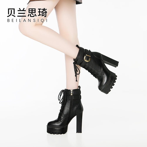 真皮圆头厚底粗跟系带马丁靴女鞋202F3秋冬季新款防水台超高跟短