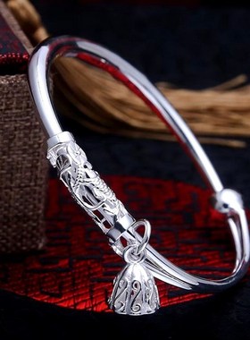 新年礼物 925银饰江南 鱼戏手环 女纯银手镯推拉银镯子民族韩