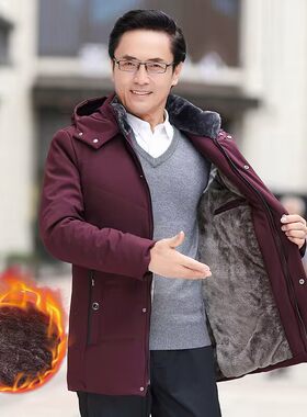 中年爸爸冬装外套加绒加厚棉服中老年人爷爷本命年酒红色保暖棉衣