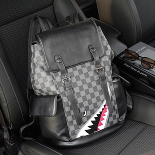 新款韩版男士双肩包皮质大容量男女格子背包旅行包学生书包电脑包