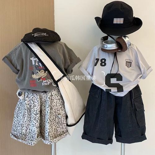男童T恤2025夏季新款儿童大灰狼印花短袖韩版夏装洋气豹纹短裤潮