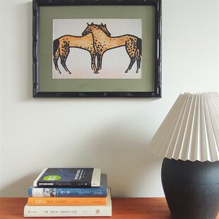 常玉《两匹马》中式小众壁画实木装饰画 黑色框竹节中古挂画
