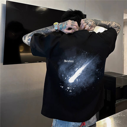 美式痞帅复古设计感流星印花短袖T恤男欧美潮牌炸街宽松情侣上衣