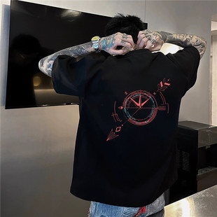 国潮重磅潮牌hiphop休闲帅气短袖T恤男个性时尚小领口正肩上衣服