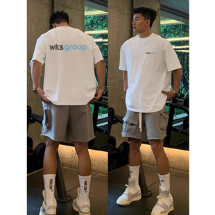 国潮痞帅重磅宽松oversize短袖T恤男简约基础款字母小领口上衣夏