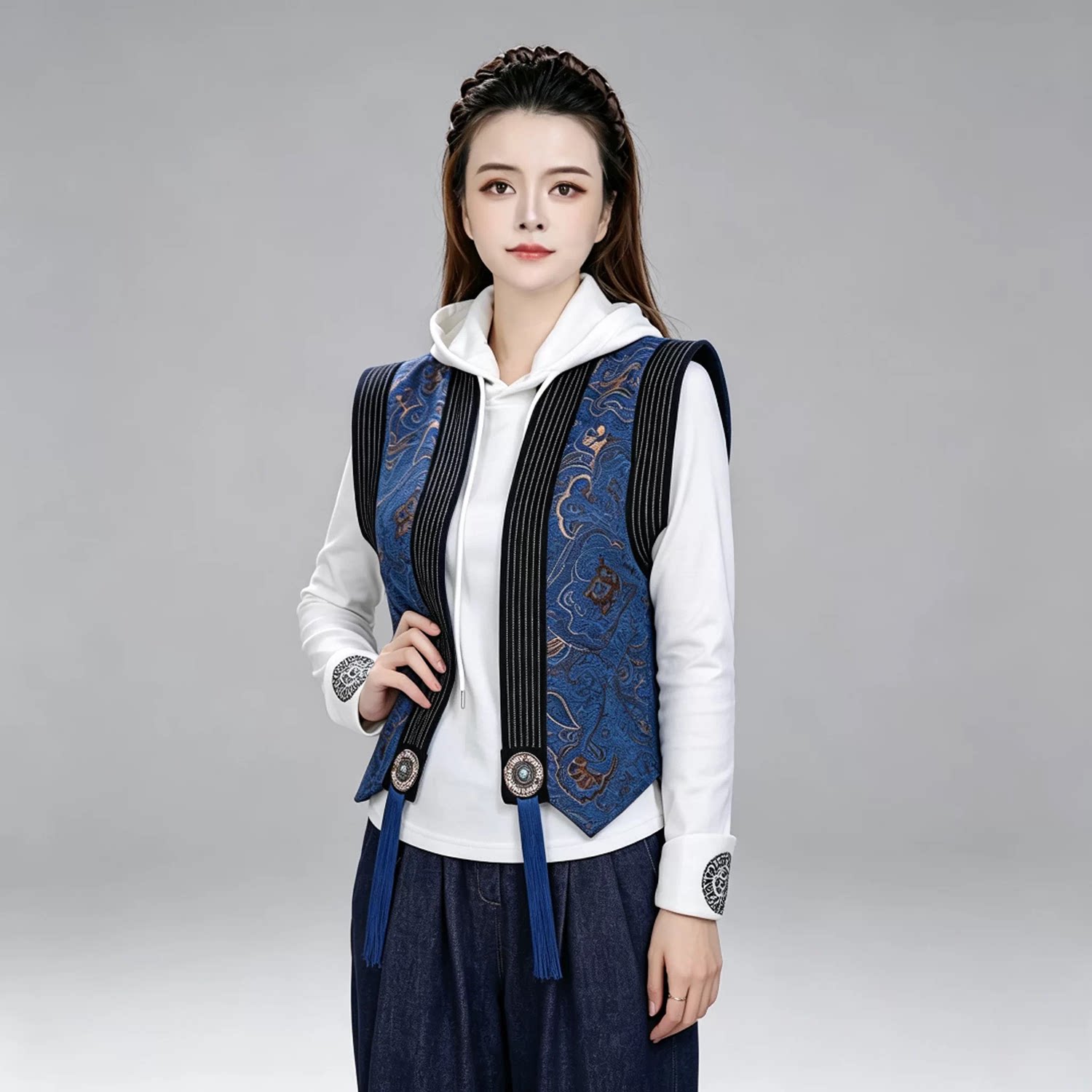 【两件套】刺绣连帽打底衫女新中式袖口绣花修身短款长袖帽衫上衣