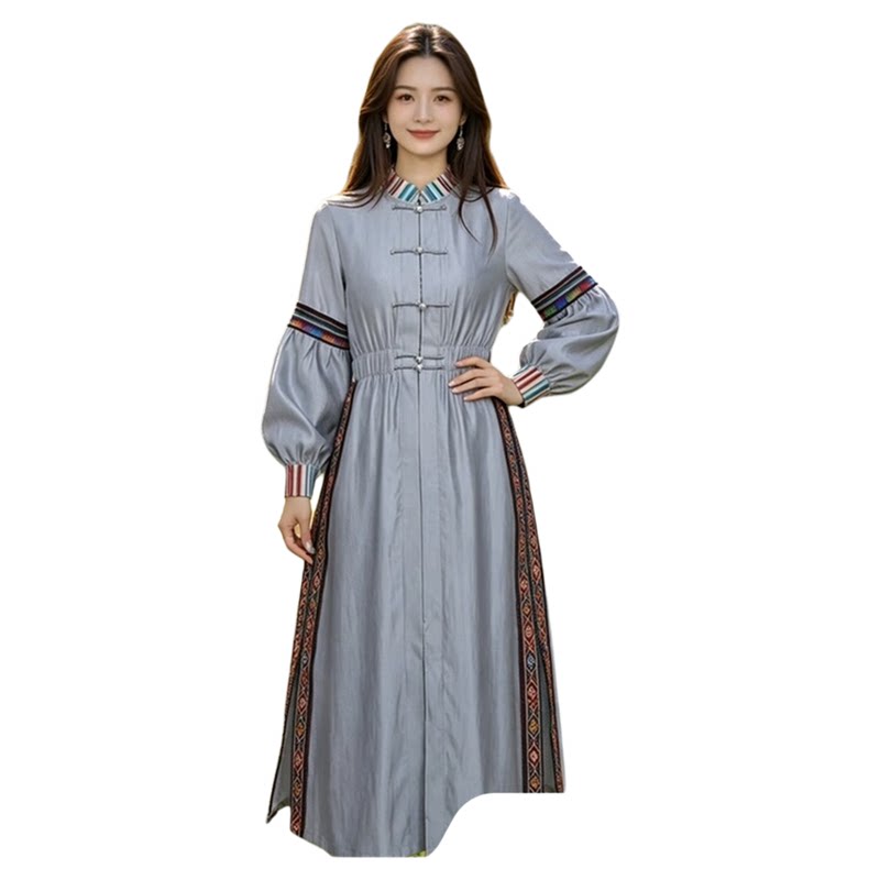 新中式拼接民族风连衣裙女士复古盘扣立领灯笼袖长款改良旗袍长裙