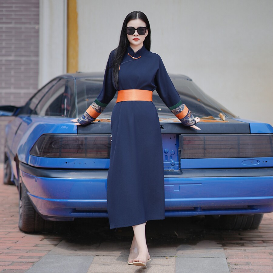 新中式古风改良旗袍女深蓝色立领盘扣收腰蒙古袍复古连衣裙中国风