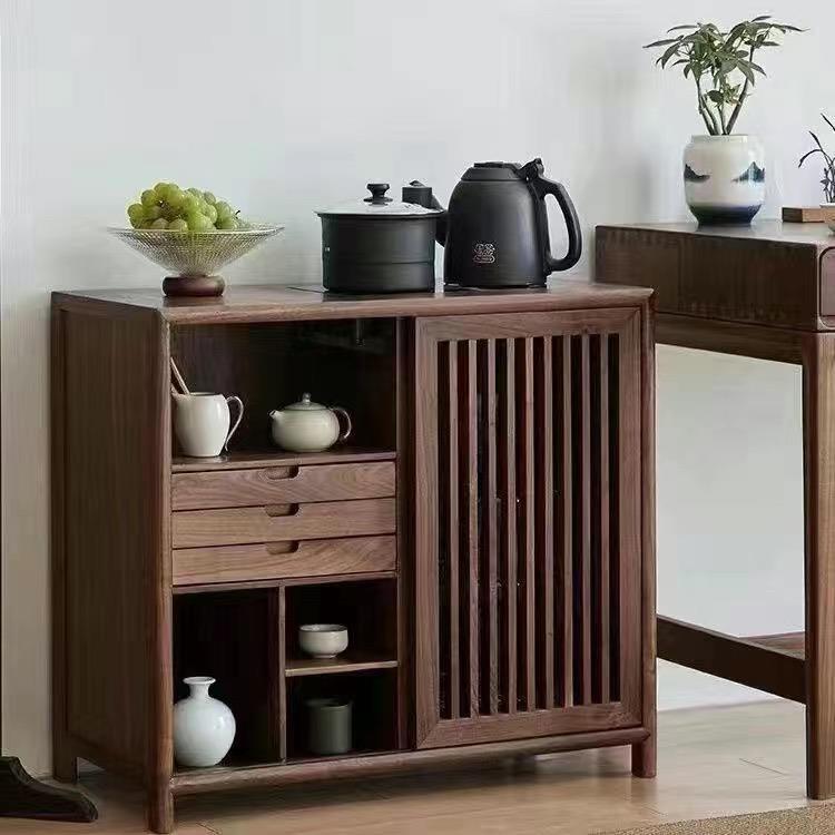 新中式实木茶水柜老榆木可移动茶水台茶桌边柜茶车客厅烧水边角柜