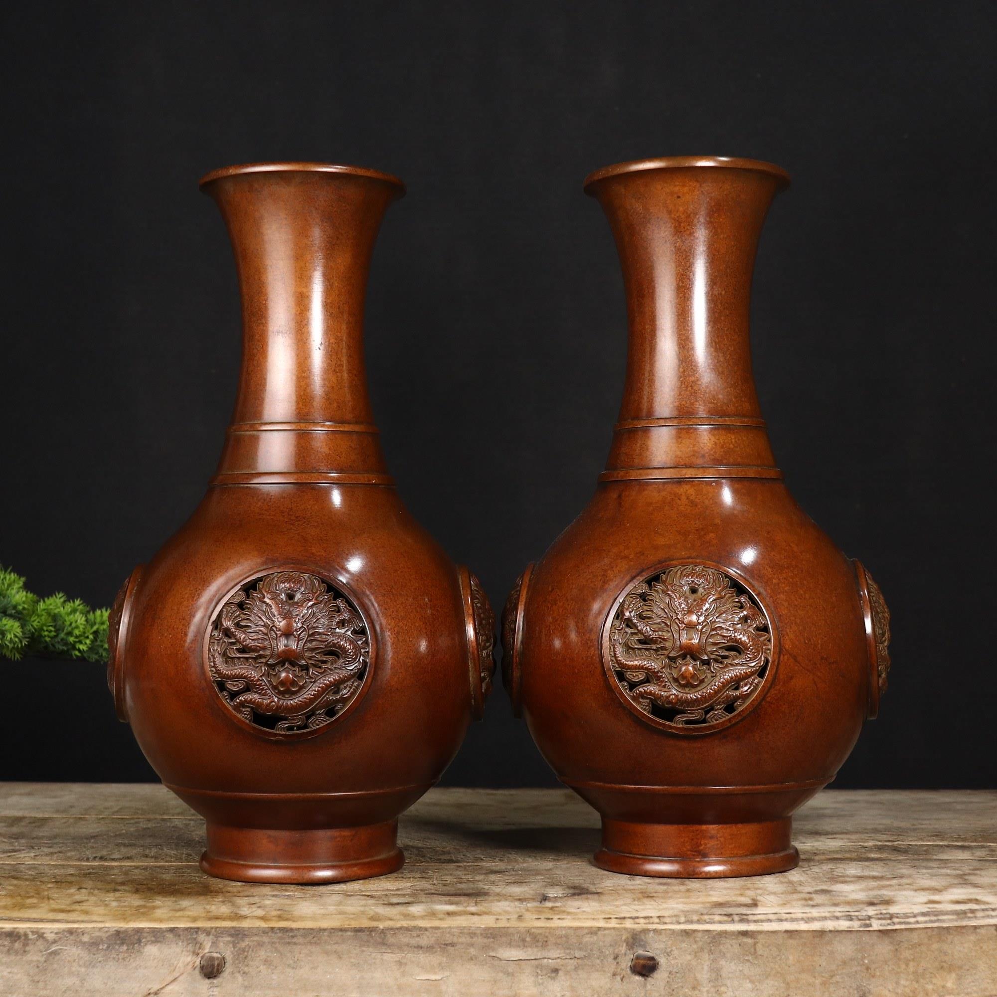 纯铜兽纹龙耳花瓶梅花瓶仙鹤铜瓶包浆红润摆件礼品