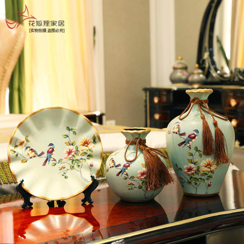 欧式田园覆古陶瓷花瓶三件套电视柜酒柜创意玄关软装饰工艺品摆饰