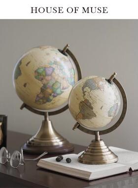 缪斯家 真！黄！铜！印度芒果木地球仪覆古摆件书房客厅家居饰品