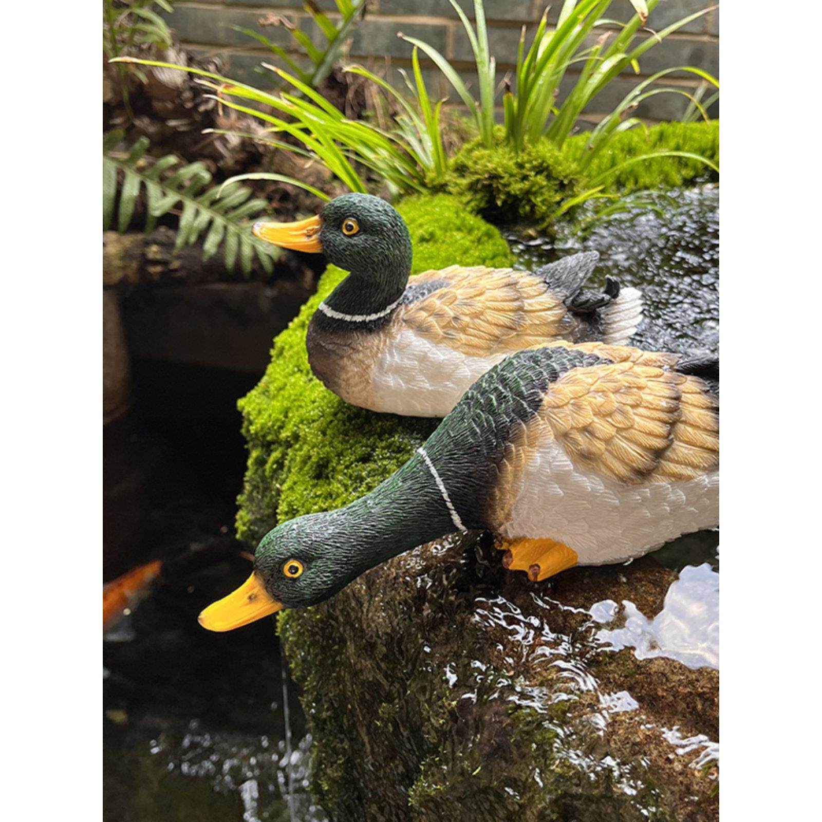 喝水鸭子摆件庭院假山造景鱼池水缸养鱼古法养鱼流水景观树脂工艺