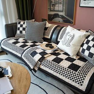 秋冬加厚毛绒沙发垫简约现代黑白格沙发坐垫客厅沙发防滑沙发套罩