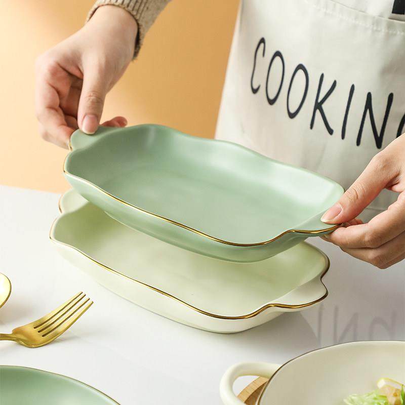 双耳陶瓷烤盘芝士焗饭盘子菜盘家用微波炉烤箱碗空气炸锅专用器皿