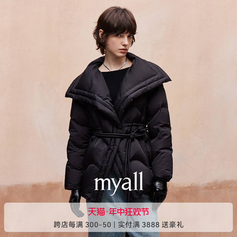 myall90白鸭绒大翻领黑色羽绒服女冬新款磁吸搭扣收腰高级感外套