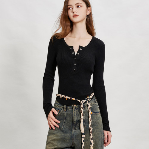 myall气质休闲半开领针织衫女2025秋季新款修身显瘦套头内搭上衣