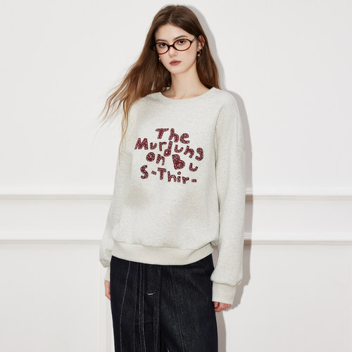 myall简约通勤圆领套头字母刺绣卫衣女2025秋季新款宽松无帽上衣