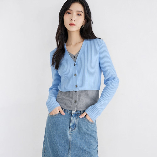 myall设计感假两件V领长袖针织开衫女2025秋季新款撞色拼接打底衫