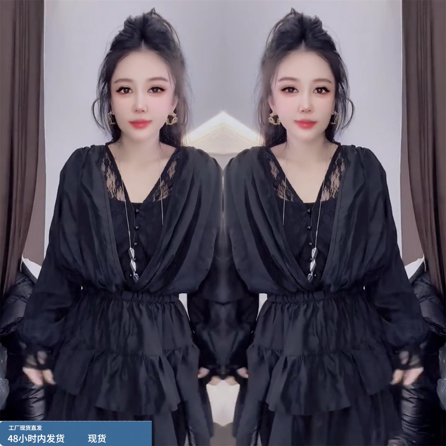 精致感时尚多层美背连衣裙女2025冬季新款优雅蕾丝拼接收腰蛋糕裙