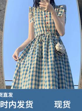 复古气质学院风连衣裙少女夏装2025新款初中高中学生格子收腰长裙
