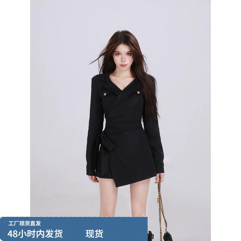 法式褶皱绑带西装连衣裙子女设计感小众收腰气质黑色短裙冬季新款