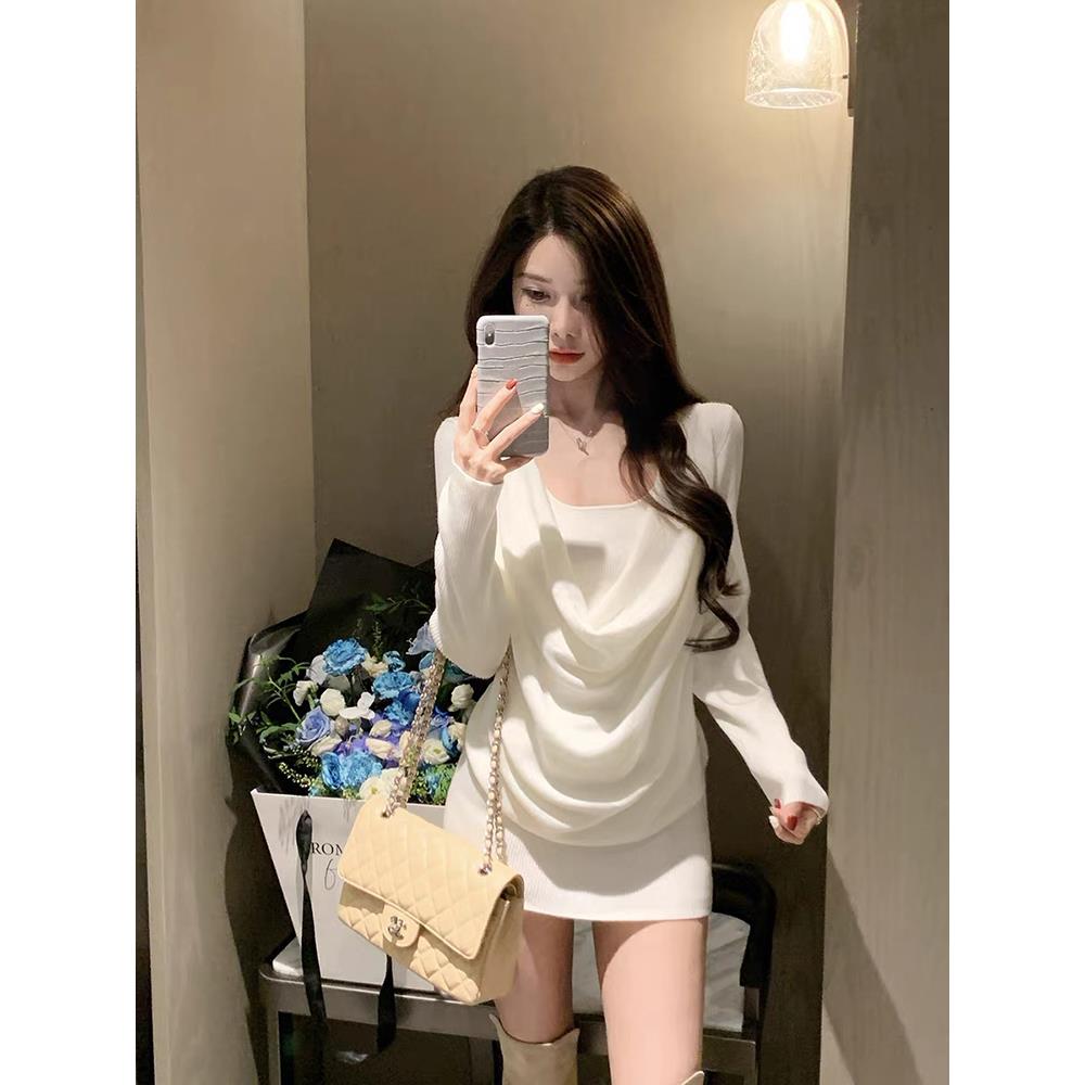 韩系荡领假两件长袖针织连衣裙女设计感性感气质短裙2025秋季新款