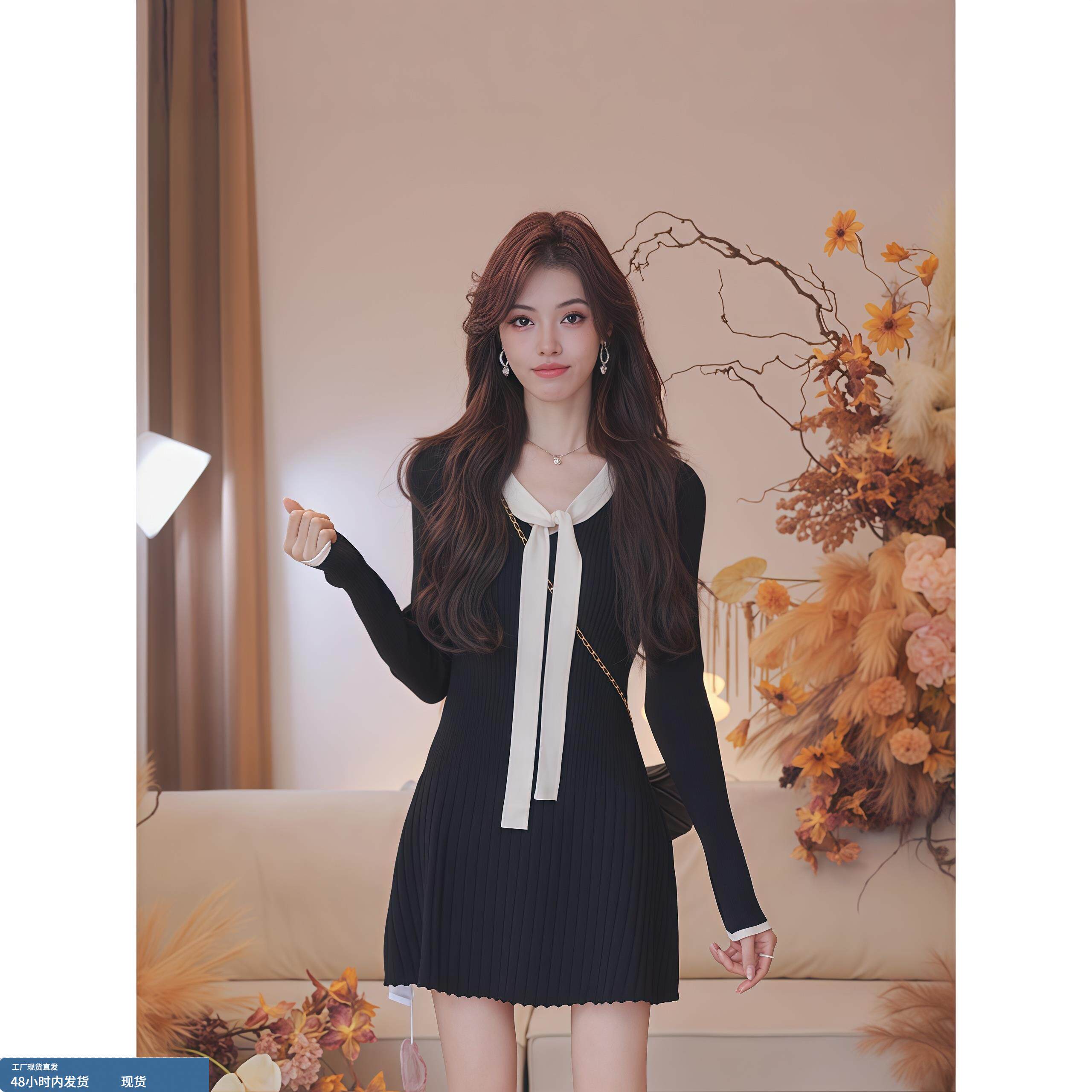 法式气质千金风蝴蝶结绑带针织连衣裙女秋季新款收腰显瘦A字短裙