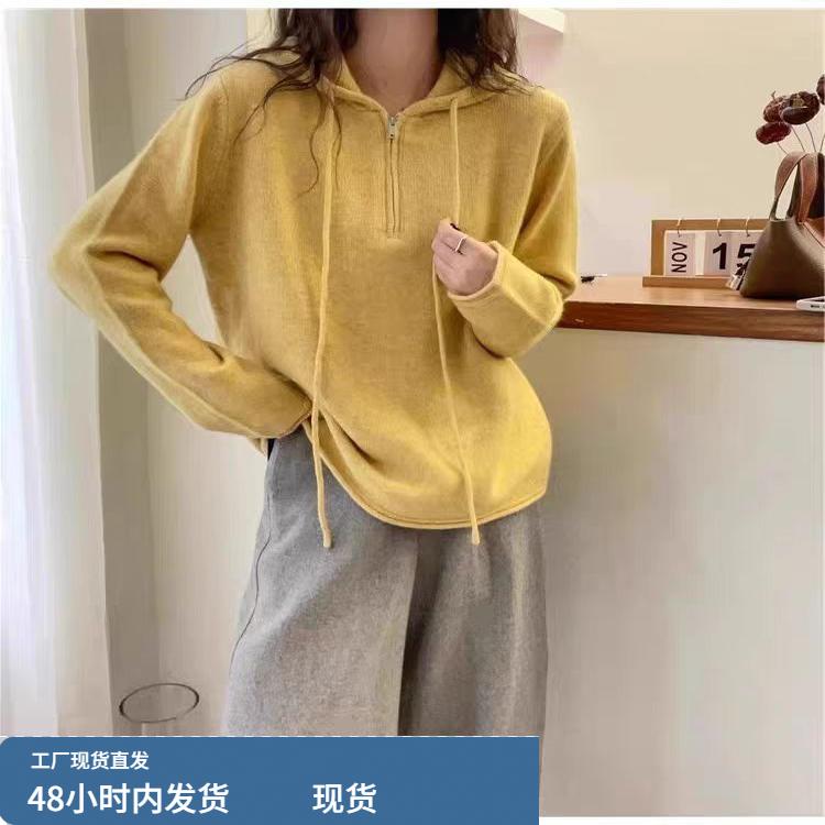 秋冬100纯羊毛衫女连帽针织衫宽松毛衣上衣加厚套头打底卷边外穿