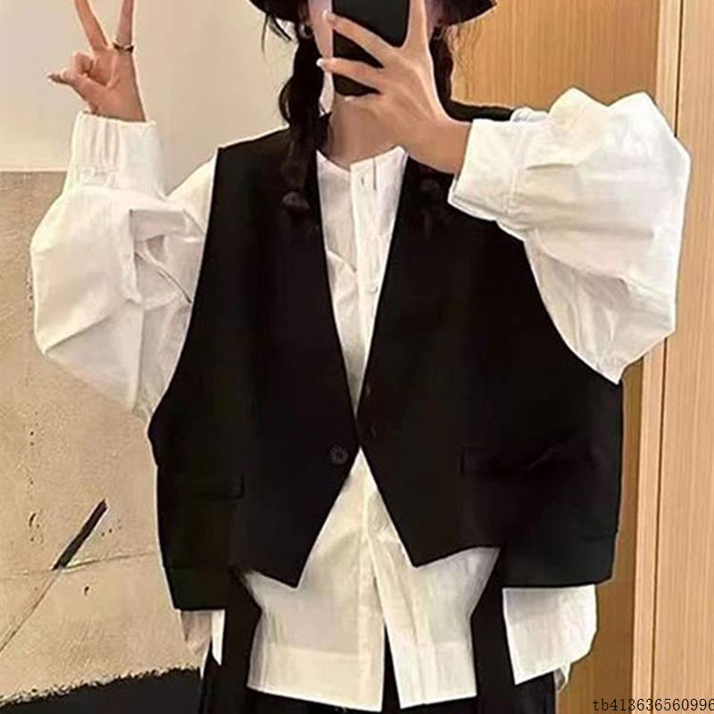 长袖衬衫配马甲两件女上衣潮小个子秋季新款时尚百搭显瘦洋气上衣