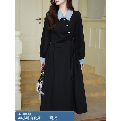 黑色长袖连衣裙女2025新款春秋季轻奢高级感正式场合端庄通勤裙子