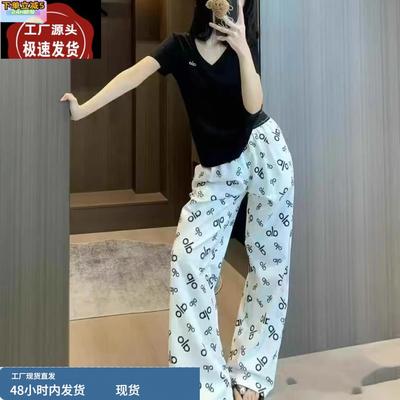 广州十三行女装2025夏季新款满印alo裤子冰丝宽松垂感直筒阔腿裤