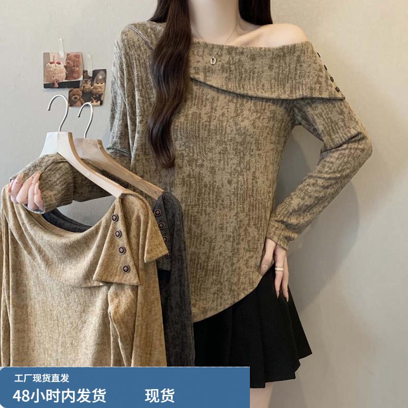 大码女装2025新款秋季韩系简单大方高级感上衣荷叶边斜领长袖t恤