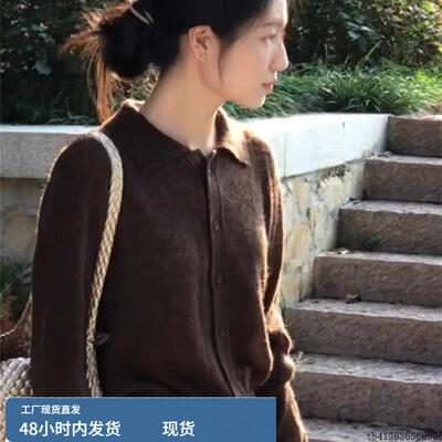 高端欧货覆古棕色翻领毛衣开衫女秋冬软糯慵懒浣熊绒短款针织外套