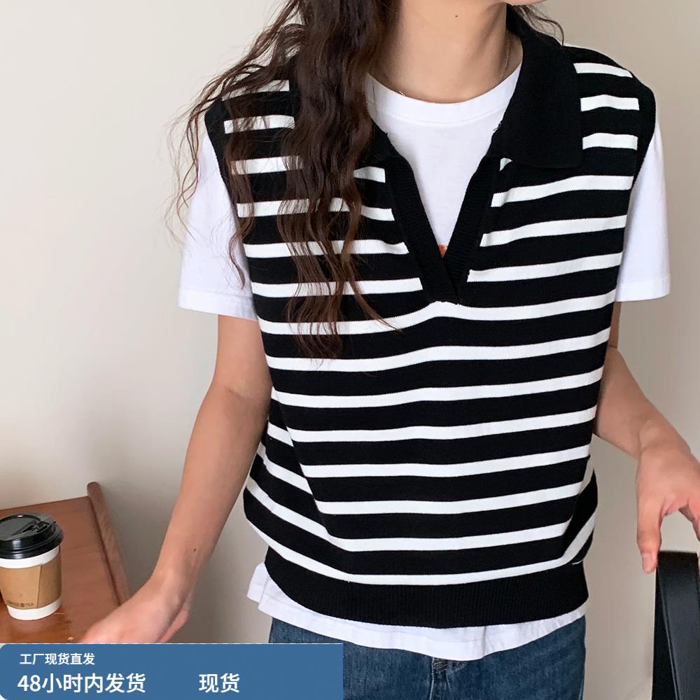 纯棉全棉线毛衣坎袖法式条纹衬衫外搭小背心个性马甲女设计感小众