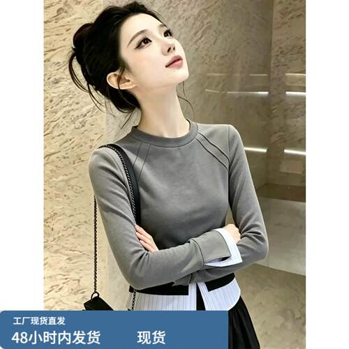 韩版休闲风撞色拼接圆领长袖T恤女2026秋季新款独特减龄百搭上衣