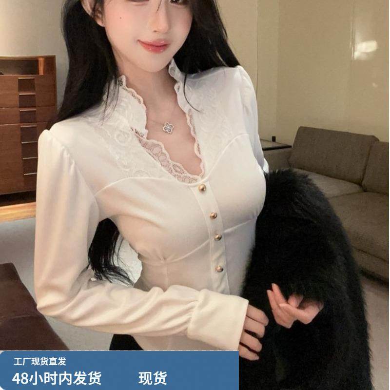 小香风泡泡袖长袖衬衫女秋冬法式宫廷立领鱼骨上衣蕾丝打底衫内搭