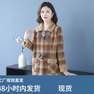秋冬新款大码女装格子羊毛呢外套宽松显瘦中长款遮臀开衫女中长款