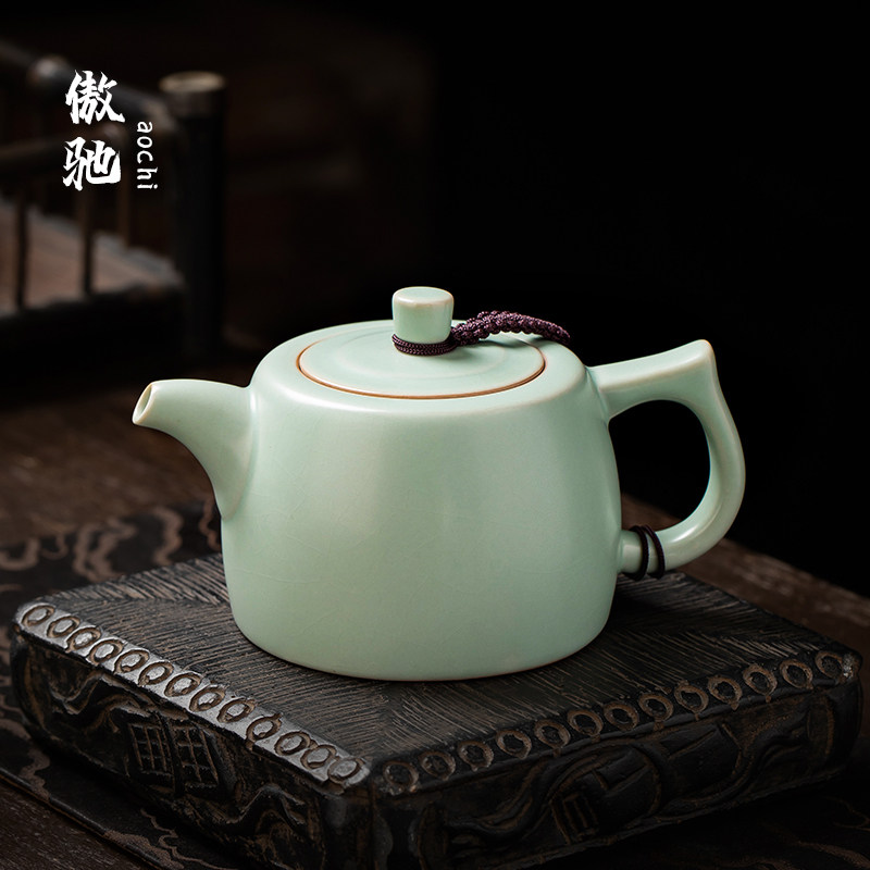 天青色汝窑茶壶泡茶家用单壶德化陶瓷茶具汝瓷开 片大容量井栏壶