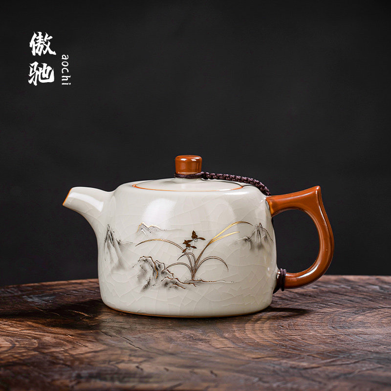 傲驰米黄汝窑茶壶单壶新中式家用陶瓷井栏壶高档茶具可养开片泡茶