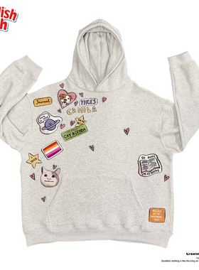 麻灰色！卡通！插画潮流童趣上衣创作慵懒Style大学生连帽卫衣