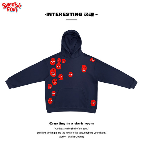 深蓝色！红脸面具表情各异高街穿搭嘻哈rap原创小众纯棉连帽卫衣