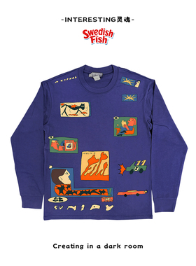 深蓝色！嘻哈rap原创图案考古oversize阿美咔叽无性别长袖T恤小众