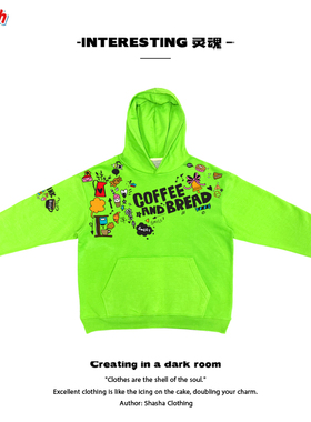 墨绿色！卡通拼接趣味学院风Ootd小众重磅美式上衣童趣连帽卫衣